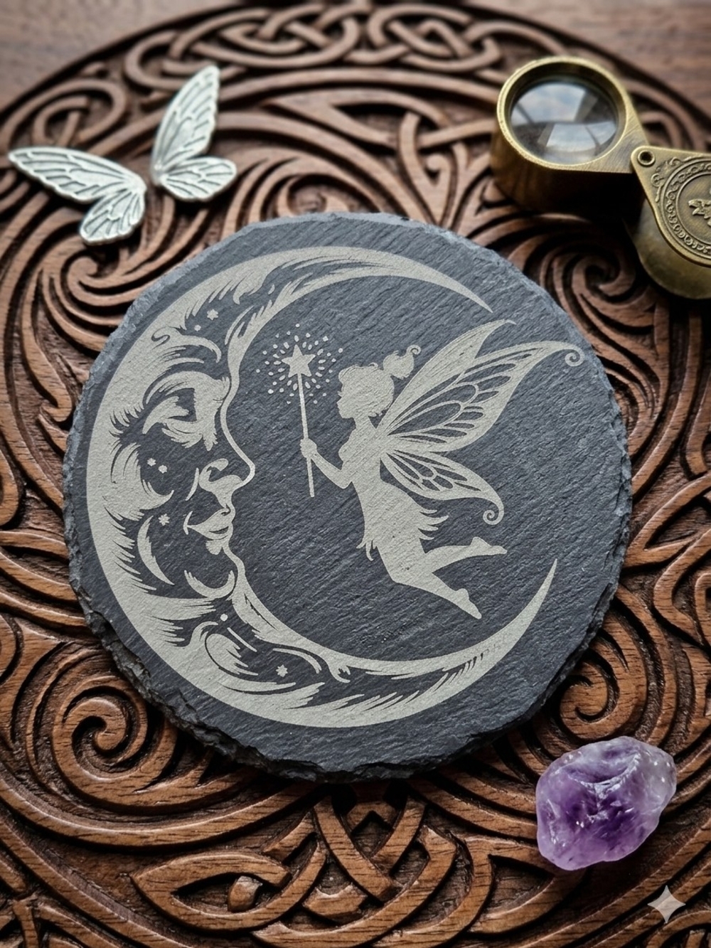 Fairy on Crescent Moon Engraved Slate Coaster - Silver on Black